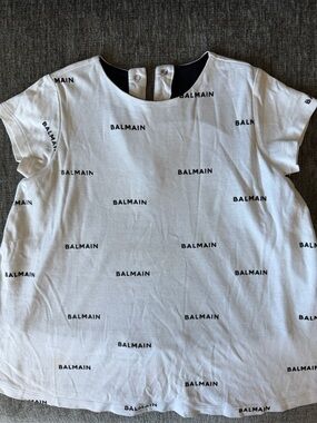 Balmain White Tee with Black All-Over Logo Print